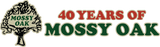 Mossy Oak tree logo and text celebrating 40 years of the brand in red and green lettering on black background