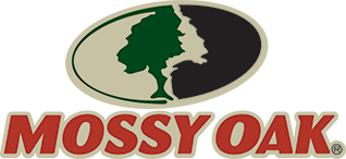 Mossy Oak logo with a green tree silhouette inside an oval and red outlined lettering